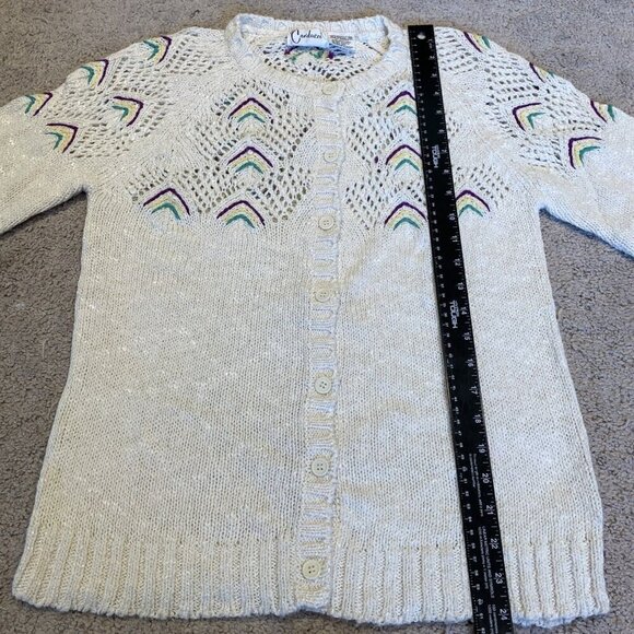 Vintage Carducci Crochet Cardigan Women's M Ivory Pointelle Cottagecore Whimsy - Picture 10 of 10